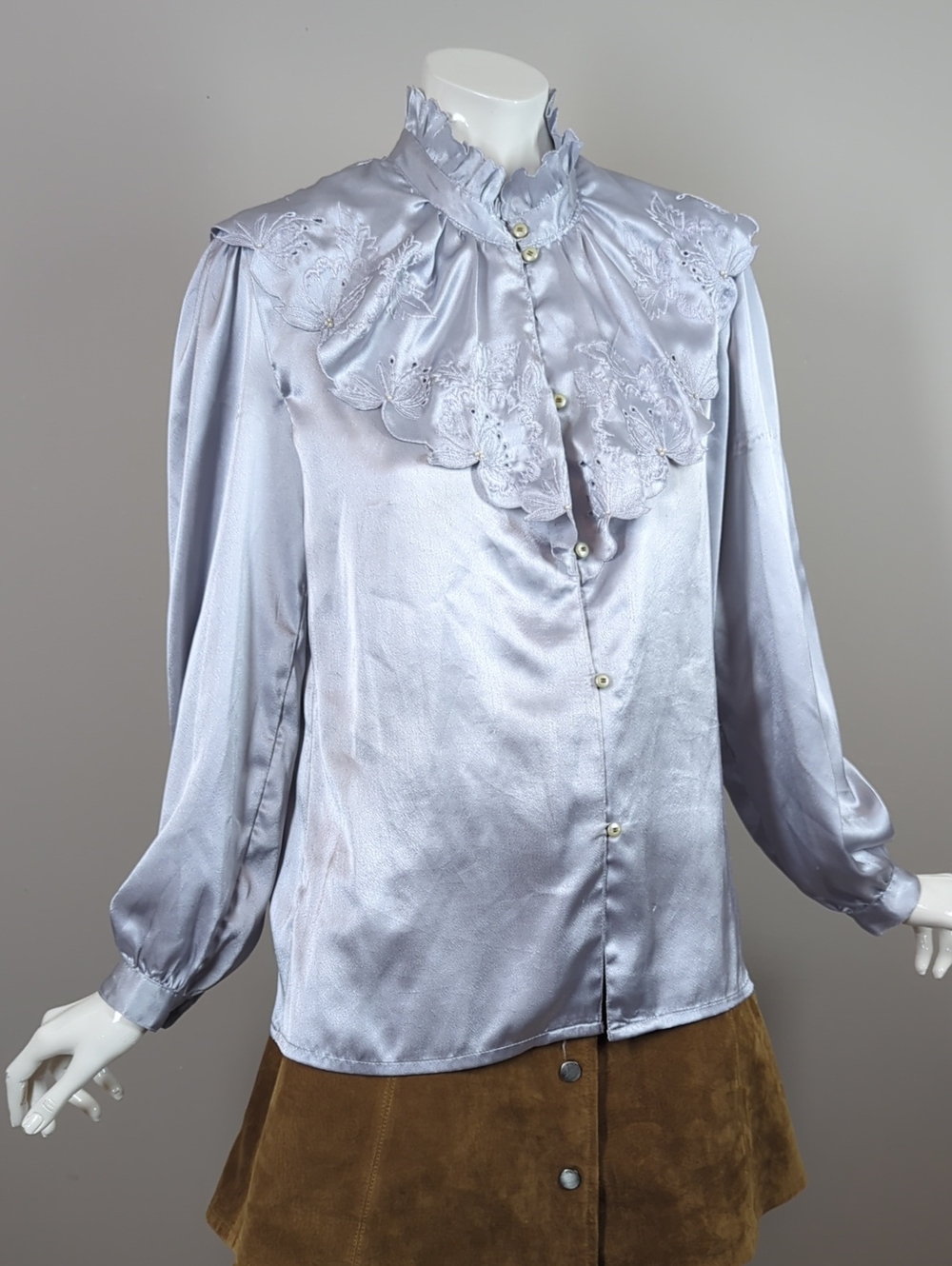 Vintage Grey Satin Ruffled Blouse Beaded Embroidered